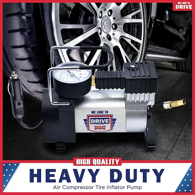 Tire Inflator Portable Air Compressor – 12V DC Air Pump for Car Tires, 150 PSI Electric Air Pump with Tyre Pressure Gauge – Corded Silver by WE LOVE TO DRIVE