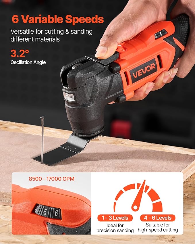 VEVOR Cordless Oscillating Tool, 20V Multitool Oscillating Tool with 6 Variable Speeds 8500-17000 OPM, 3.2° Oscillating Angle, 8PCS Saw Accessories & LED Work Light (Battery Pack Not Included)