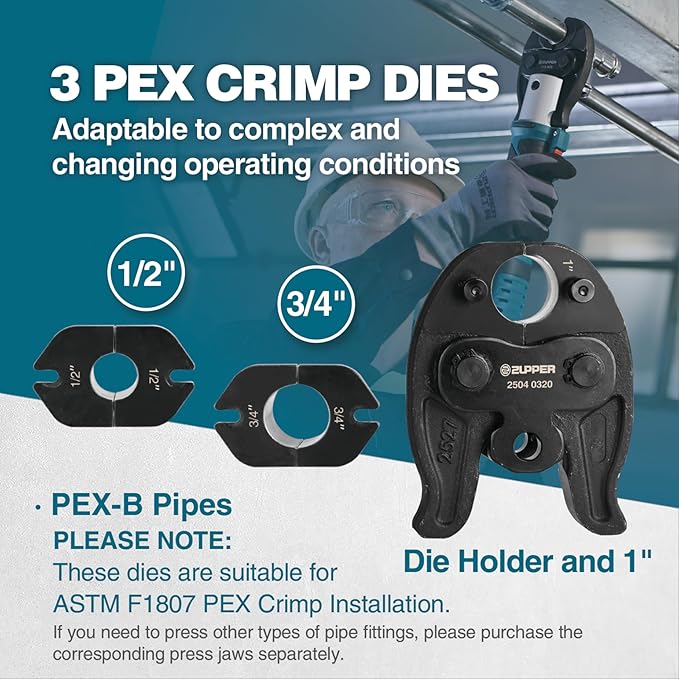 Mini Press Tool kit with 3 PEX Crimp Dies F1807 1/2", 3/4", 1", Brushless Motor, 2pcs Battery, Fast Charger & Carrying Case