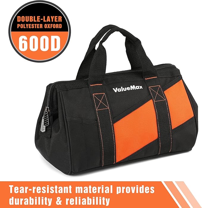 ValueMax 13-Inch Small Tool Bag, Wide Mouth Tool Bag with 12 Storage Pockets, Heavy Duty Orange Tool Tote Organizer