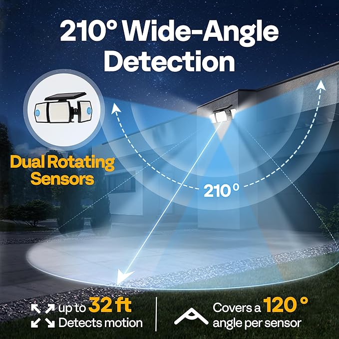 VIVOHOME Linkable Solar Lights Outdoor, Dual Roating Motion Sensor Flood Lights Solar Powered Security Light with 3 Heads, 2500LM, IP65 Waterproof for Outside, Yard, Garage, Wall, Patio, 3 Pack
