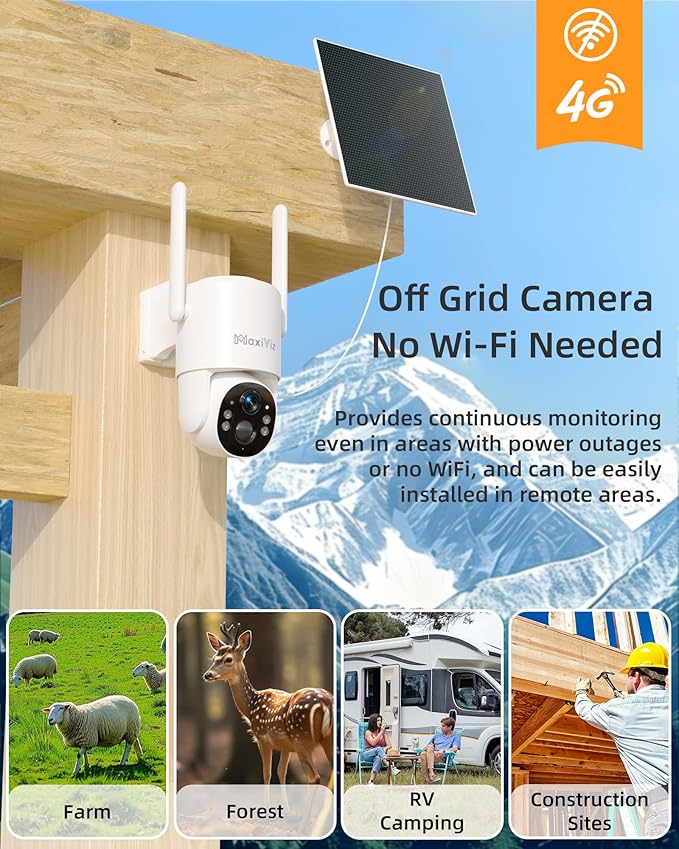 4G LTE Outdoor Solar Powered Cellular Security Camera Wireless, Off-Grid Camera No WiFi Required, 2.5K UHD Color Night Vision, 360° Live View, Local/Cloud Storage, IP66 Weatherproof, SIM Card