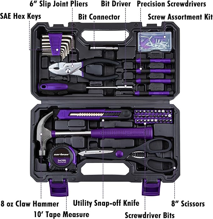 CARTMAN 126-Piece Home Tool Set Kit, Basic Household Hand Tools with Storage Case, Purple