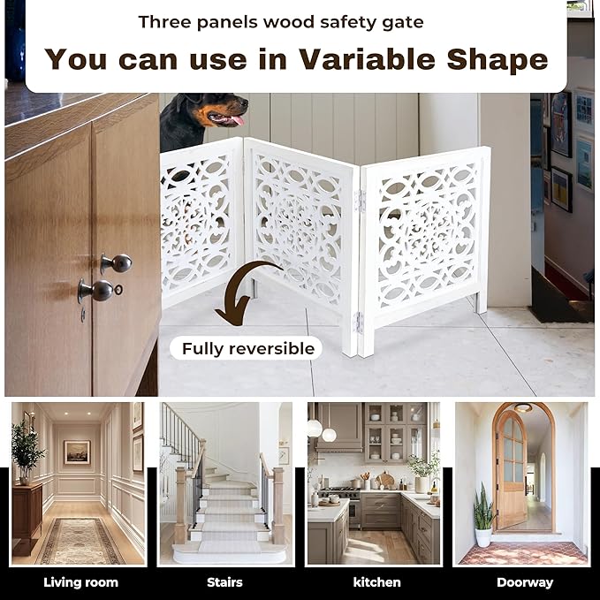 Wooden Freestanding Foldable Dog Gate – 3 Panels, Extra Wide, 24'' Height, Decorative Pet Gate for Doorways, White
