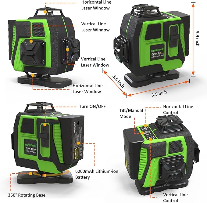Tile Laser Level - Floor 4x360 Green Beam Cross Line Laser Leveler Tool - 16 Lines Ceiling Nivel Laser for Construction with Hard-Sided Case and Remote Control