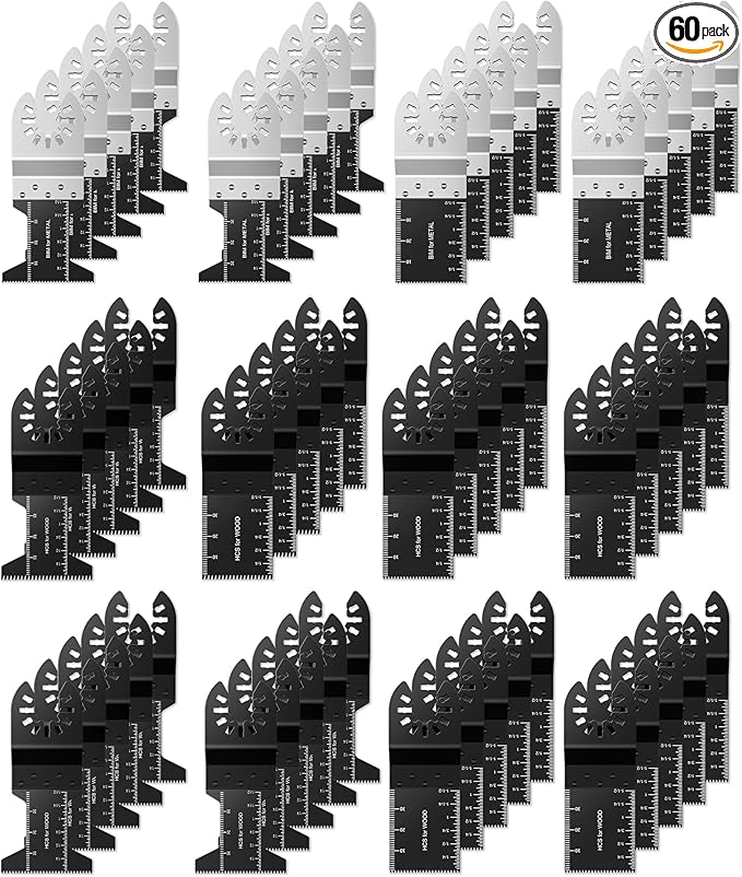 60Pcs Oscillating Tool Blades, Universal Metal Wood Plastic Multitool Blades Quick Release Saw Blades Compatible with Fein Multimaster, Milwaukee, Makita, Bosch, Dewalt, Ryobi, Craftsman