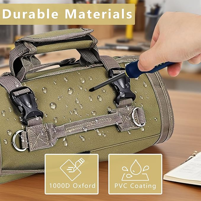 Roll Up Tool Bag Organizer, Tool Bags for Men, Tool Roll Bag with 2 Detachable Zipper Pouches, Heavy Duty Tool Bag for Dad Birthday, Father’s Day Gifts, Handyman or RV Owners (Khaki)