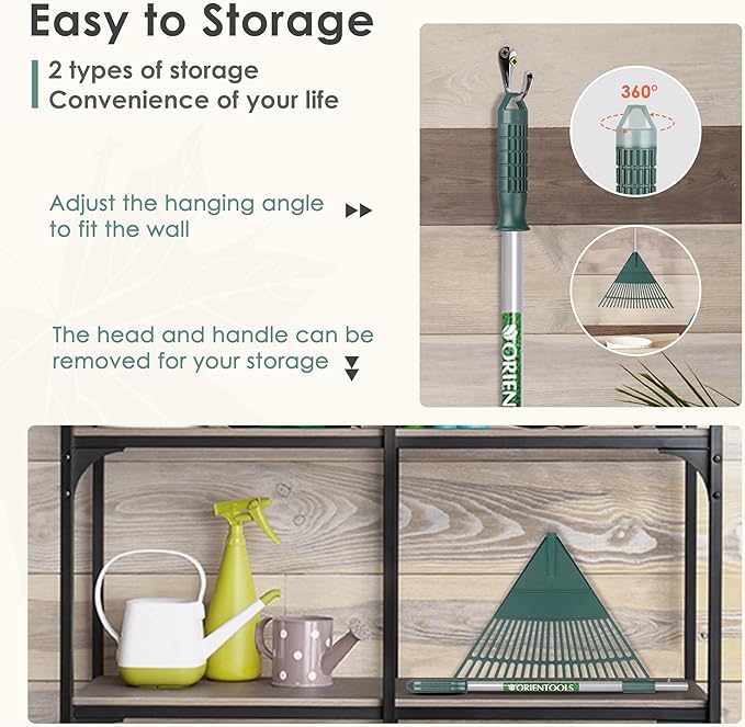 ORIENTOOLS Rake for Leaves,Adjustable Garden Leaf Rake ,Lightweight Steel Poly Yard Rake，22 Tines, 42 to 60 Inches (Silver Handle)