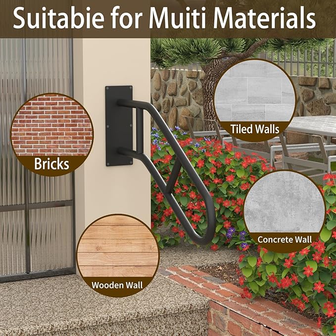 Hand Rails for Outdoor Steps U-Shaped, Black Iron Stair Railing Indoor 1-3 Step, Wall Mounted Railing for Stairs, Stair Handrail for Elderly, Kids, Pregnant Women, Porch Deck Garden Grab Bar -1 Pack