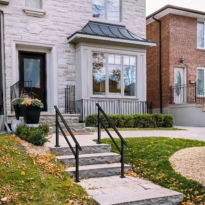 2-Pack Outdoor Handrails for 4 Steps – Black Stair Handrail & Indoor Stair Railing Kit, Exterior Stair Railing for Porch, Deck, and Garden, Complete Installation Kit