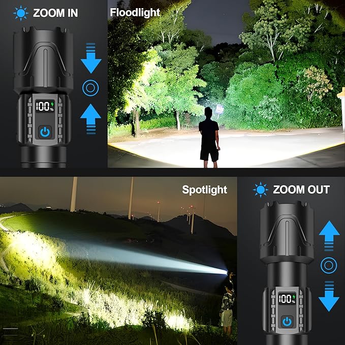 Rechargeable Tactical Flashlights High Lumens - Super Bright LED Powerful Flash Light, Waterproof Handheld USB C Flashlight for Camping,Emergencies,Home,5 Modes,Zoomable (1, Black)