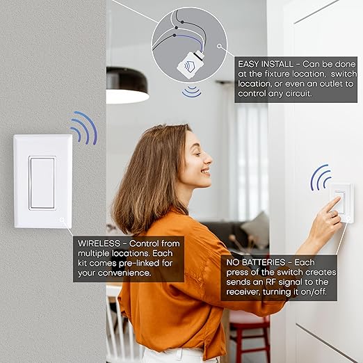 RunLessWire 3-Way Battery-Free DIY Wireless Light Switch Kit 150ft RF Range Self-Powered by Kinetic Energy for Hallways & Stairways: 2 Remote Switches Control 1 5A On/Off Receiver – White