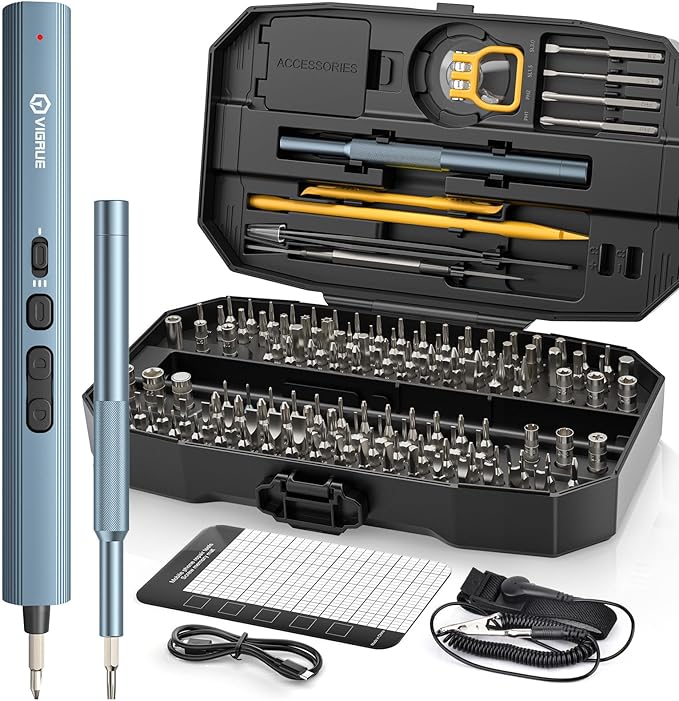 VIGRUE Precision Screwdriver Set, Mini Electric Screwdriver with 140 Magnetic Precision Bits, Professional 650mAh 3 Torque Settings for Laptop Camera Watch Drones Repair, USB Charging (JM-02)