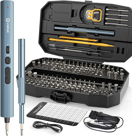 VIGRUE Precision Screwdriver Set, Mini Electric Screwdriver with 140 Magnetic Precision Bits, Professional 650mAh 3 Torque Settings for Laptop Camera Watch Drones Repair, USB Charging (JM-02)