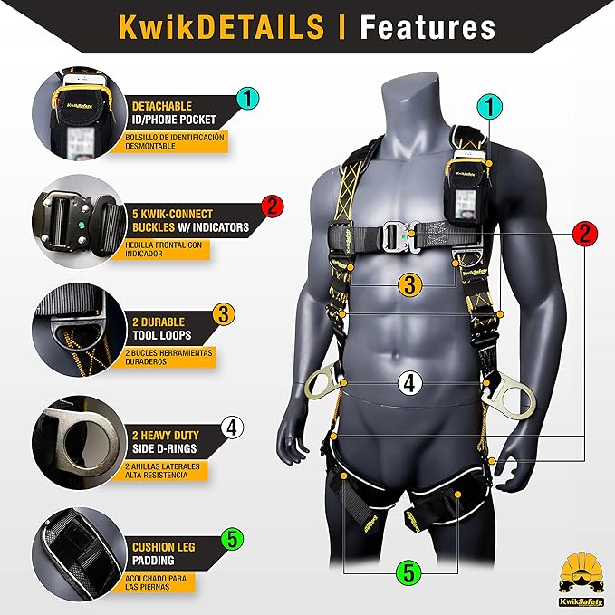 KwikSafety - Fall Protection Safety Harness - Construction & Roofing Fall Arrest Safety Harnesses - ANSI OSHA Compliant