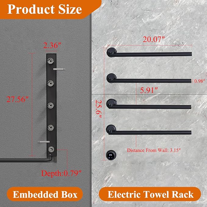 Electric Towel Warmer Concealed Smart, 75W Swivel Heated Towel Rack for Bathroom, Built-in Modular Electric Towel Rack with Timer, Thermostat, LED Display, APP, 4 Bar 180° Rotation, Hardwired, Black