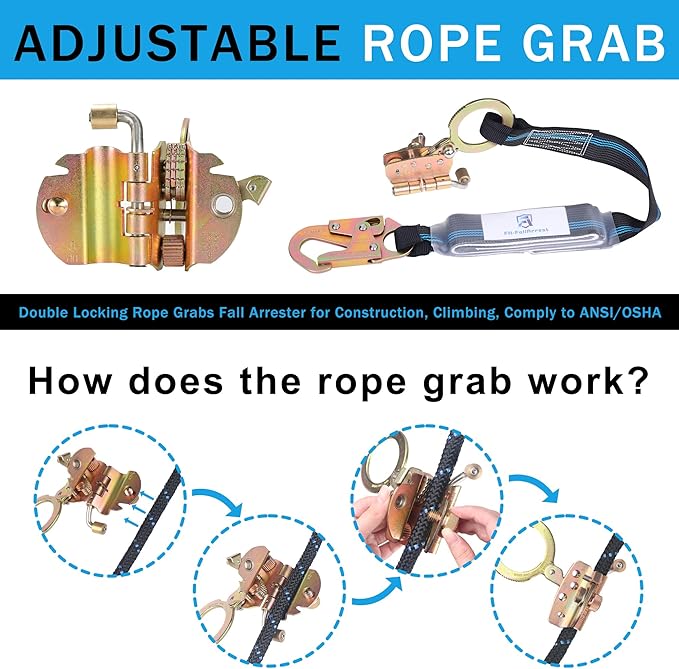 50FT Vertical Lifeline Assembly with Alloy Steel Anti-Panic Rope Grab Snap Hook Shock Absorb Lanyard, Fall Protection Rope Safety Climbing Equipment Roofing Safety Kit, CE ANSI OSHA Rated