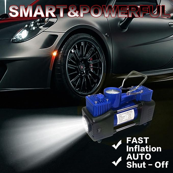 YUNGTEE Blue Tire Inflator Heavy Duty Double Cylinders Direct Drive Inflation Pump,12V Portable Air Compressor Pump with Emergency LED Light - 150PSI Tire Pump,Apply to Car,Suv,RV