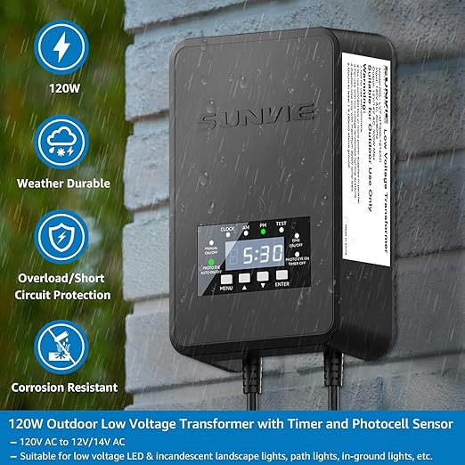 SUNVIE 120W Low Voltage Transformer Outdoor Landscape Lighting Transformer with Timer and Photocell Sensor Waterproof 120V to 12V/14V AC Low Voltage Landscape Transformer for Spotlight Pathway Lights