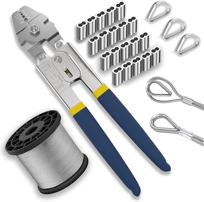 Wire Crimping Tool Kit, 100FT Stainless Steel Cable, 100PCS Aluminum Crimping Loop Sleeve, Wire Rope Thimble