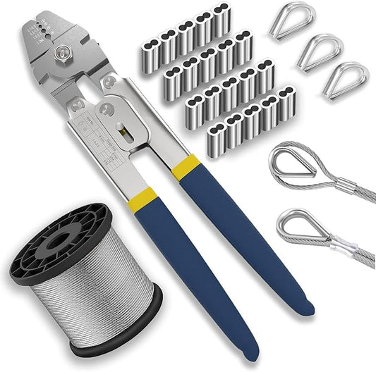 Wire Crimping Tool Kit, 100FT Stainless Steel Cable, 100PCS Aluminum Crimping Loop Sleeve, Wire Rope Thimble
