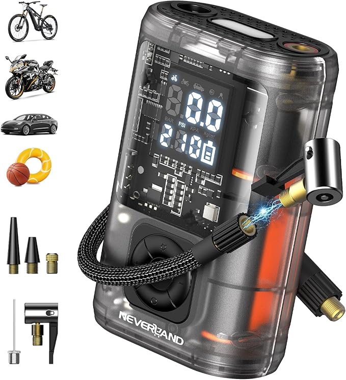 NEVERLAND Tire Inflator Portable Air Compressor - 12000mAh 150PSI Auto Air Pump for Bike Car Tires, Electric Bike Tire Pump with Gauge, Air Compressor Portable for Bike Bicycle Car Motorcycle Ball
