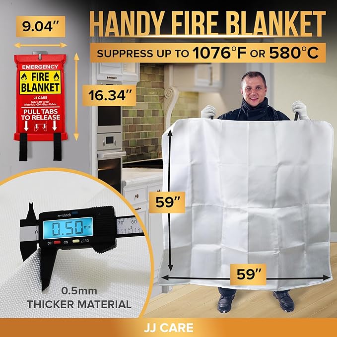 JJ CARE Fire Blanket – (Large) 4.9x4.9ft with Hooks & Gloves, Fire Blankets Emergency for Home and Kitchen, High Heat Resistant and Flame Protection for Kitchen, Car, Office, Camping & Home Safety