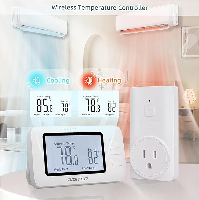 DIGITEN Wireless Thermostat WTC100 Pro Temperature Controller for Cooling & Heating, Remote Controlled Outlet, Easy-to-Use and Non-Programmable Plug in Thermostats for Home