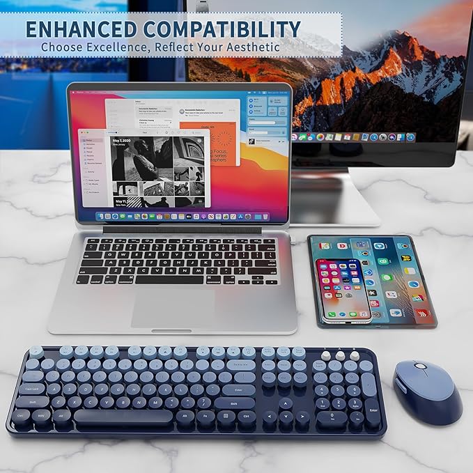 Wireless Keyboard and Mouse Combo, Retro Typewriter Keyboard with Round Keycaps, Full-Size Ergonomic, Blue, Ideal for Windows PC, Home, Office, and College, Wireless Keyboard Mouse Combo