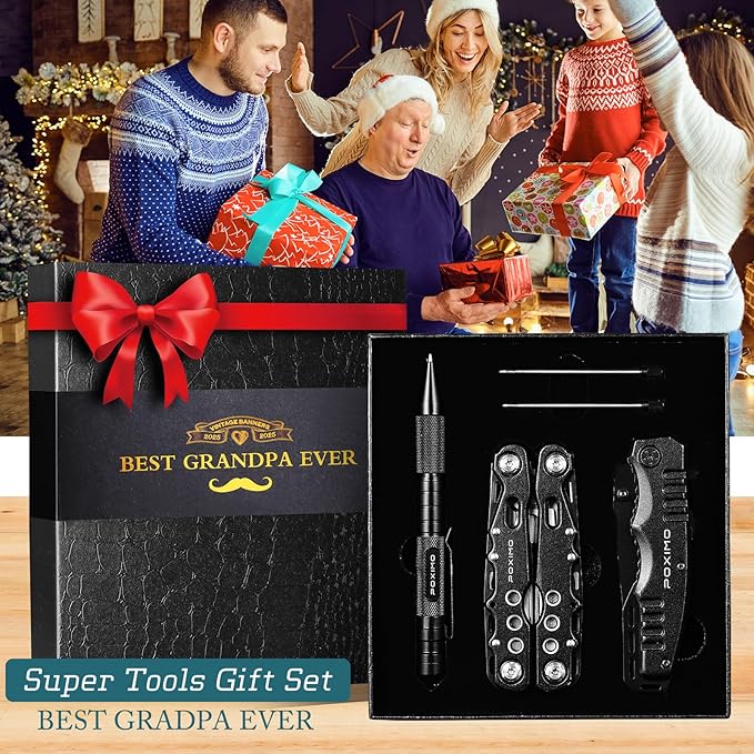 Multitools Gifts Set for Papa with 14-In-1 Multi-Pliers, Pocket Knife, Tactical Pen, Gifts for Grandfather Stocking Stuffers Multi-tools Kit(BEST GRANDPA EVER)