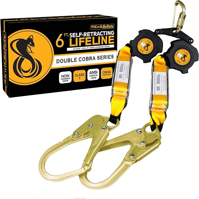 KwikSafety - 6' COBRA Web Twin-Leg Self Retracting Lifeline [NO Tangle Web] Class 1 Retractable SRL Lanyard ANSI OSHA