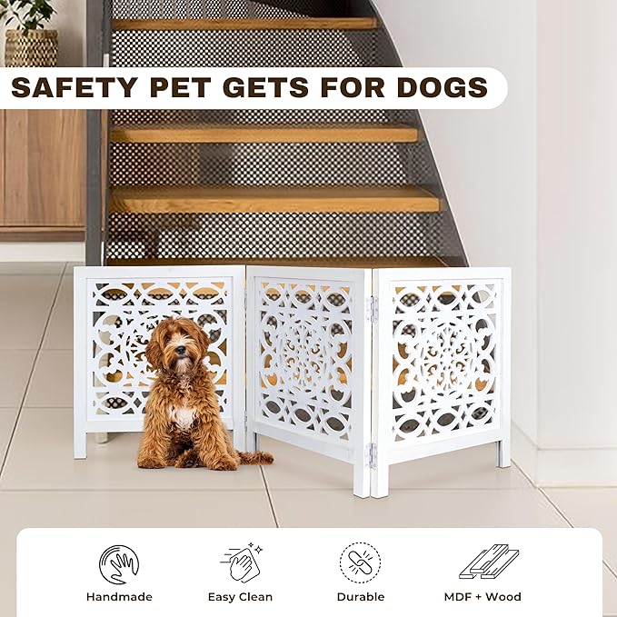 Wooden Freestanding Foldable Dog Gate – 3 Panels, Extra Wide, 24'' Height, Decorative Pet Gate for Doorways, White