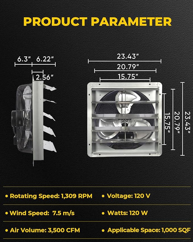 VENTISOL 20 Inch Shutter Exhaust Fan Wall Mounted, 3500CFM Exhaust Fan with Pre-Installed 1.65m Power Cord, Ventilation fan for Greenhouse, Garages, Attic, Shops, Chicken Coop