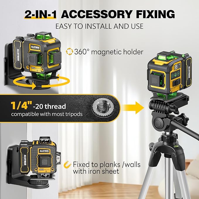 Laser Level with Tripod, Alloyman 4x360° Self Leveling Laser Level, Green Line Laser 4D Laser Leveler Tool with 2Pcs Lithium Batteries for Picture Hanging, Tile, Home Renovation, Indoor