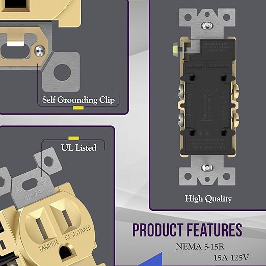 ENERLITES Elite Series Duplex Receptacle, Residential Grade Wall Outlet, Duplex Electrical Outlet, Self-Grounding, 3-Wire, 2-Pole, 15A 125V, UL Listed, 61580-GD-10PCS, Gold, 10 Pack