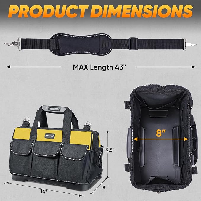 TICONN Heavy Duty Tool Bag with Multi-Pockets, Portable Tool Box Organizer Storage Bag, with Adjustable Shoulder Strap and Ergonomic Handle (Yellow, 14" Molded Base)