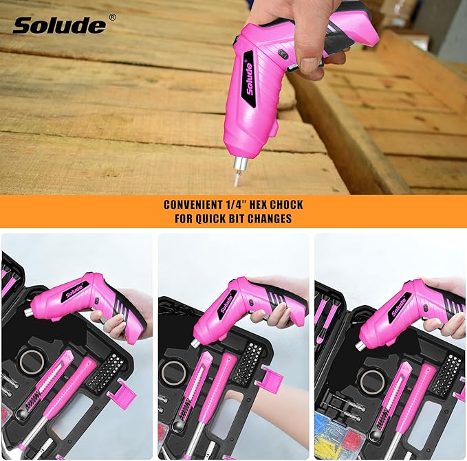 SOLUDE Pink Tool Set,130 Piece Home Tool Kit for Women with 3.6V Cordless Rechargeable Screwdriver,Basic Toolkits for New House,Apartment,College Dorm & DIY Projects