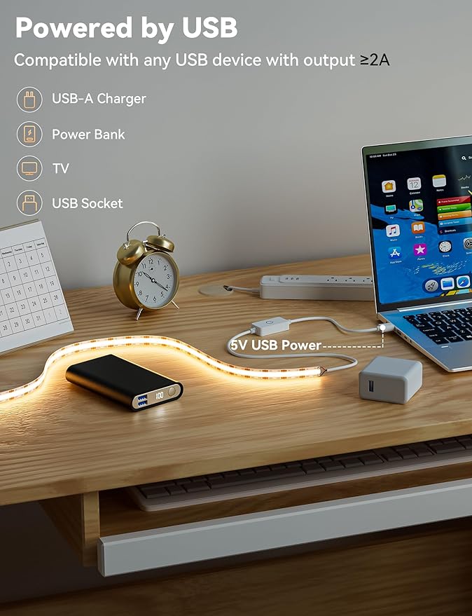 MIWISE LED Strip Lights,Super Bright 5V USB COB Tape Light 9.84ft/3m 2700K Warm White with Touch Dimmer Switch,CRI90+ Flexible Dimmable TV Backlights,for Mirrors,Under Cabinet,Home DIY Projects