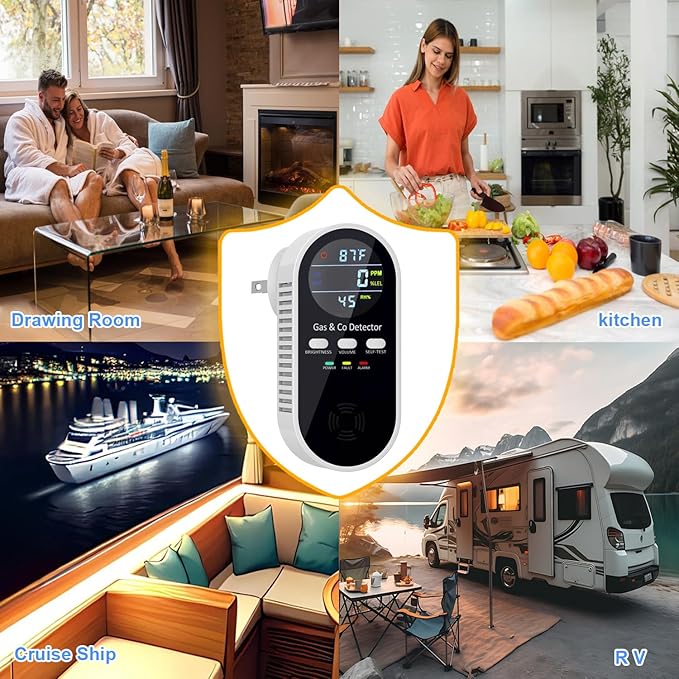 2 Packs Combination Gas & Carbon Monoxide Detectors Plug in, 5-in-1 Natural Gas Detector & Carbon Monoxide Alarm with Temperature (°F) and Humidity, CO Detector with Built-in 9V Battery for Home, RV