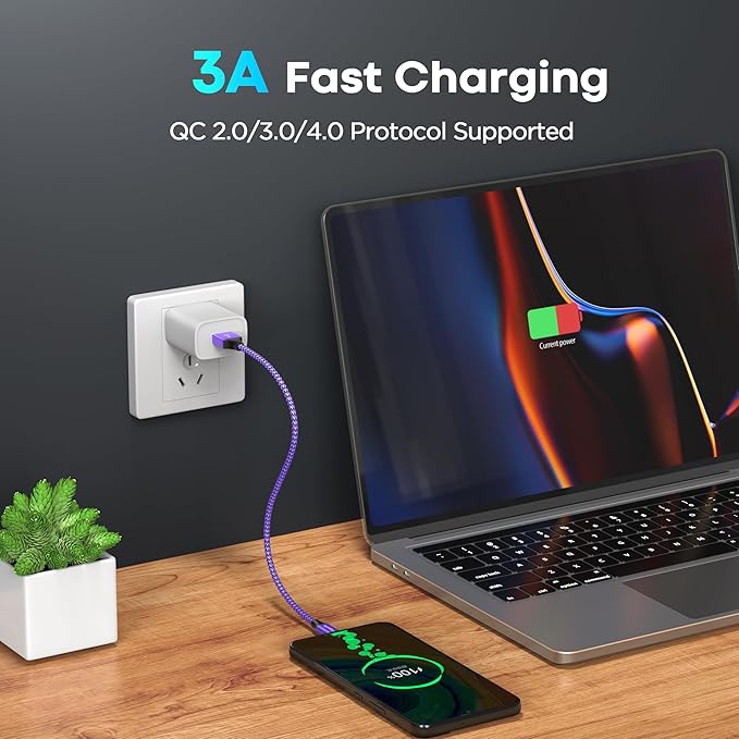 etguuds USB to USB C Cable 1ft, 2-Pack USB A to Type C Charger Cord Fast Charging for Samsung Galaxy A15 A25 A35 A55 A54, S24 S23 S22 S21 S20 S10 S10E, Note 20 10, Moto G, for iPhone 16 15, Purple