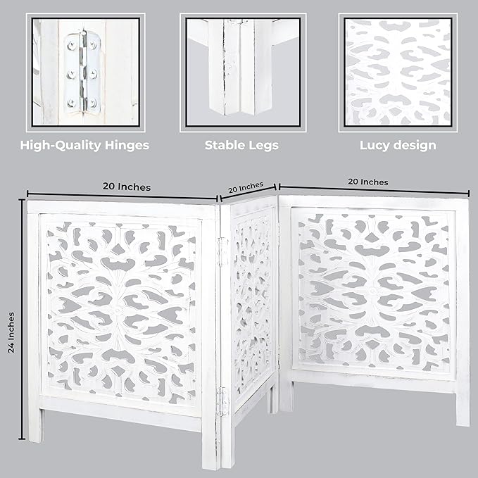 Foldable Wooden Dog Gate for Doorways, 3-Panel Freestanding Indoor Fence, Decorative Extra Wide Barrier for Home,Pet Gate White – Stylish, Portable, No Installation Needed