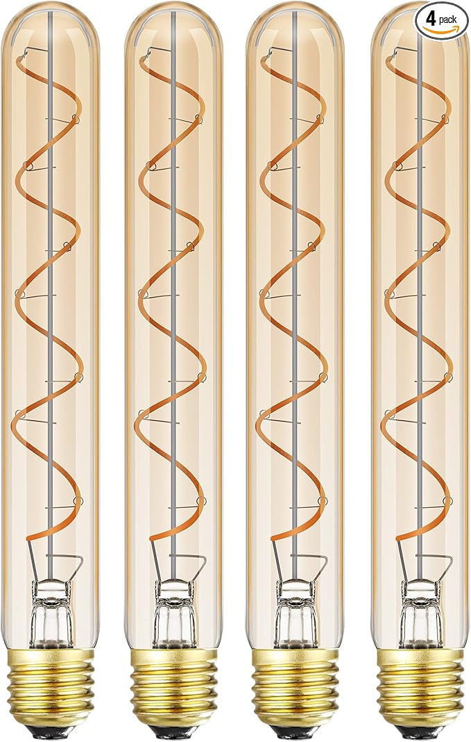 Leools Vintage LED Spiral Filament Bulb T10, 8.9inch Long Tubular Dimmable Edison Light Bulbs,E26 Base,Amber Glass,Warm White,2200K, 400LM(40W Equivalent), Pack of 4