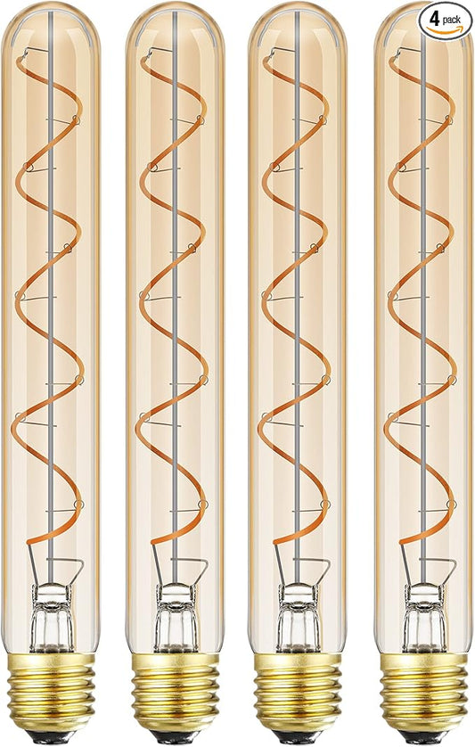 Leools Vintage LED Spiral Filament Bulb T10, 8.9inch Long Tubular Dimmable Edison Light Bulbs,E26 Base,Amber Glass,Warm White,2200K, 400LM(40W Equivalent), Pack of 4