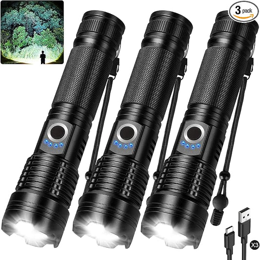 Rechargeable Flashlights High Lumens 3 Packs, 99,000 Lumens Super Bright LED Flashlight with 5 Modes & Waterproof, Powerful Handheld Flash Light for Home Camping