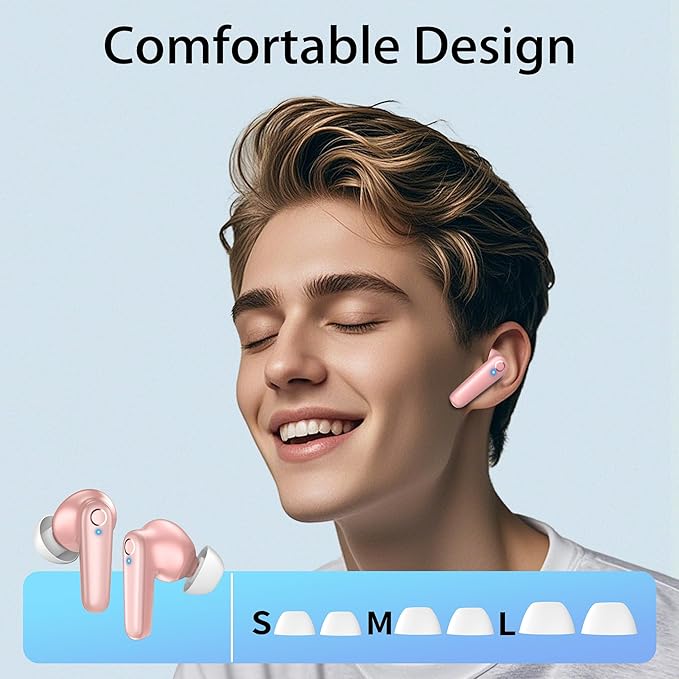Wireless Ear Buds Bluetooth 5.3 60H Using Time Headphones Deep Bass Clear Call Earbuds with Built-in Mic Touch Control Lightweight Headsets for Studying Working Gaming Pink