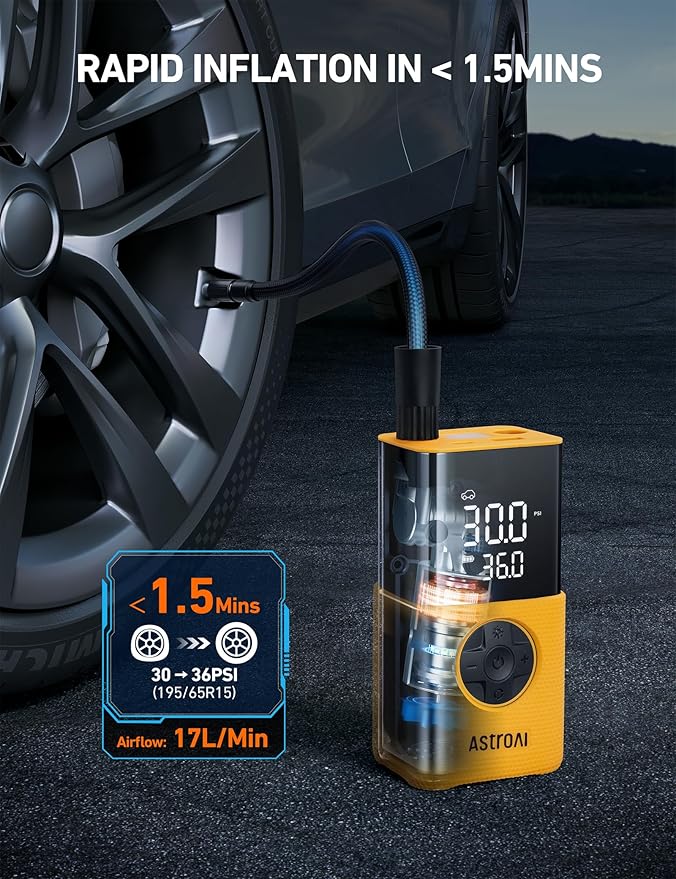AstroAI Tire Inflator L7S Portable Air Compressor Cordless Bike Air Pump with Digital Dual Values Display, 150 PSI Car Tires Pump with LED Lights Air Pump for Auto, Motorcycles, Bikes, Balls