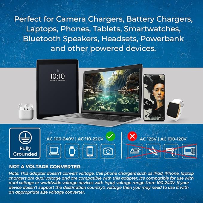 OREI India, Nepal, Maldives Power Plug Adapter with 2 USA Inputs - Travel 3 Pack - Type D (US-10) Safe Grounded Use with Cell Phones, Laptop, Camera Chargers, CPAP, and More