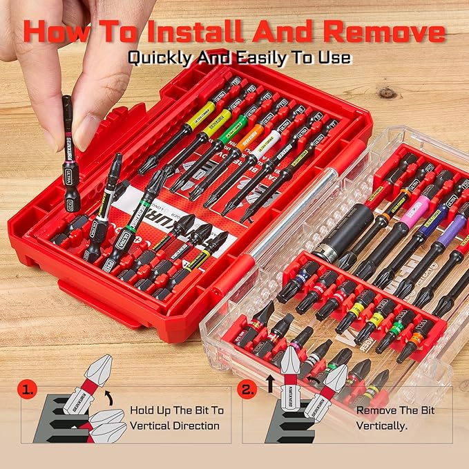 35Pieces Impact Screwdriver Bits Set, Magnetic S2 Steel 1”/2”/3” Phillips/Square/Torx/Slotted Bits Tips,Impact Bit Holder with Red Storage Box Case