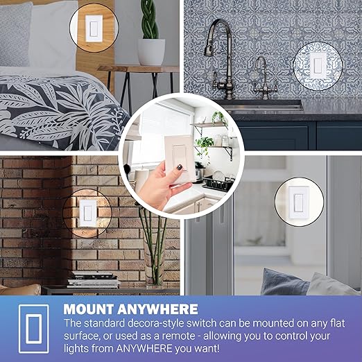 RunLessWire Basic Wireless Light Switch & Receiver Kit with Infinite Battery No WiFi or Batteries Needed 150+ft RF Range DIY Pre-Programmed Remote Control - 1 Receiver, 1 Switch - White