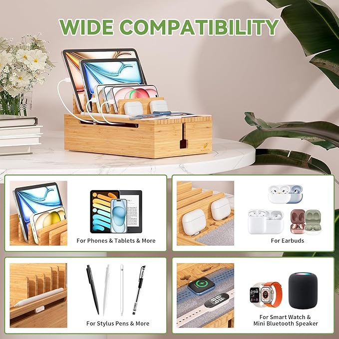 Pezin & Hulin Bamboo Charging Station for Multiple Devices, USB Charger Dock Organizer, with Power Supply (10 Ports HUB), 6 Cables, Cable Management Organizer for Cell Phones, Tablets -Natural Color